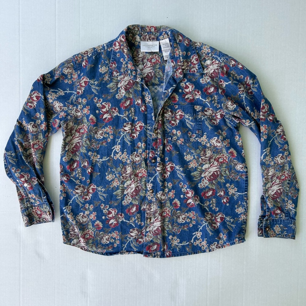 Liz Claiborne Petit Small Floral Denim Button Down